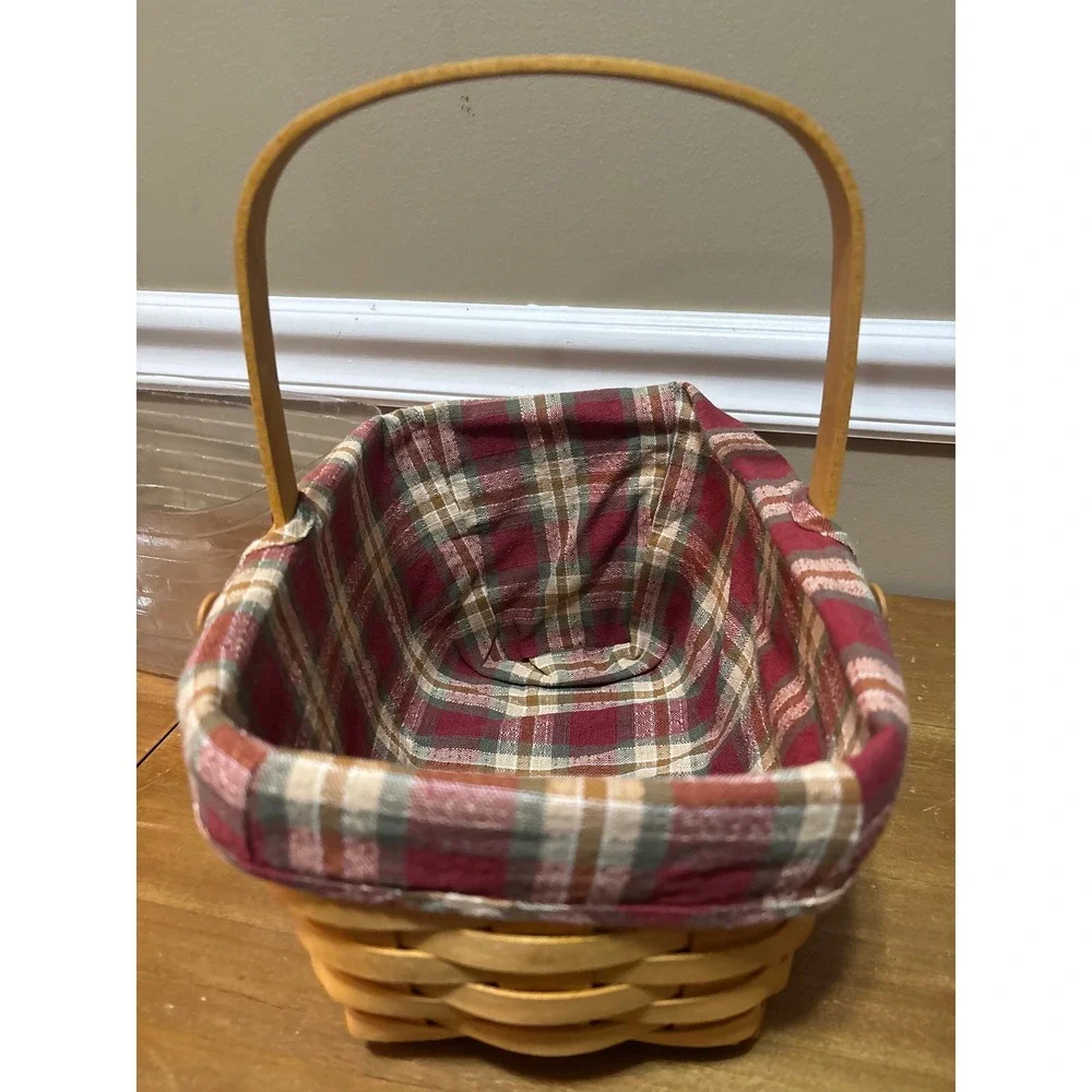 Handwoven Wood Splint Basket with Red Plaid Liner and Plastic Protector Honey